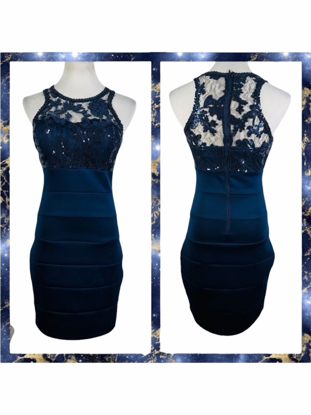 Sequin Hearts Navy Blue Sequin Bodycon Midi Dress - Size 7